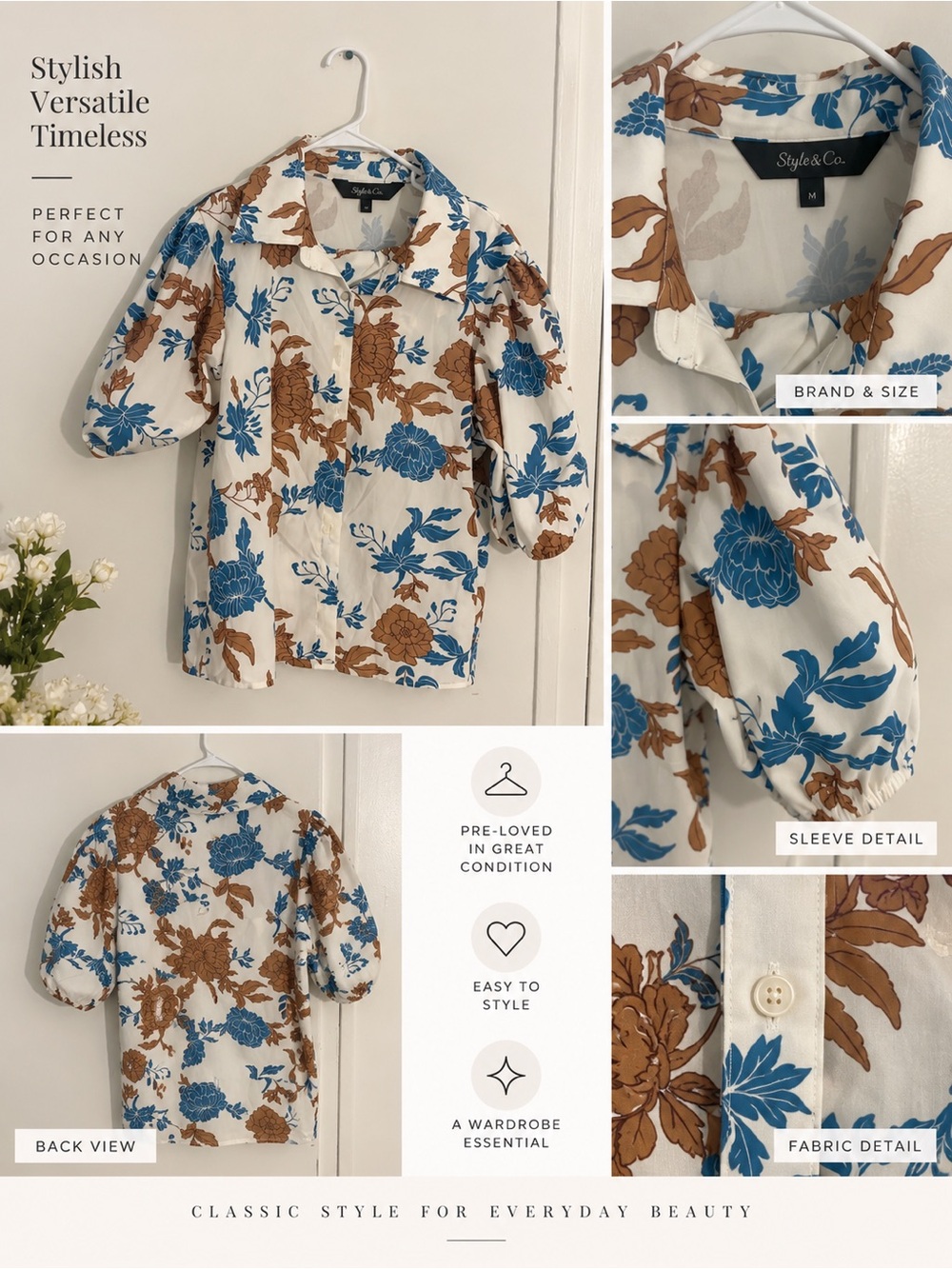 Style & Co. Cream Button-Up Top with Blue & Brown Floral Print